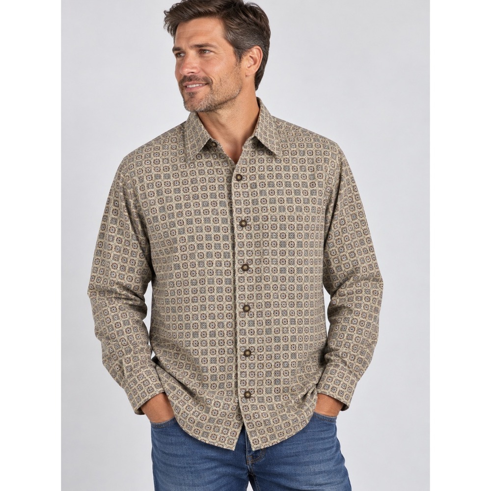Vintage Claiborne Men's Med Rayon Geometric Medallion Print Button Shirt Earthy